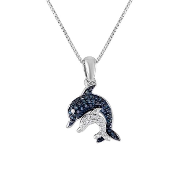 1/10 CTW BLUE & WHITE DIAMOND DOLPHIN PENDANT IN STERLING ON 16” STERLING CHAIN - Picture 1 of 8